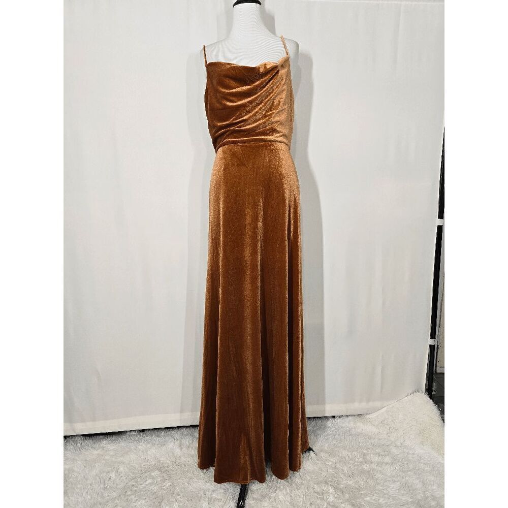 After Six Golden Almond Style 1541 Cowl-Neck Lux Velvet Maxi Dress Size 4R